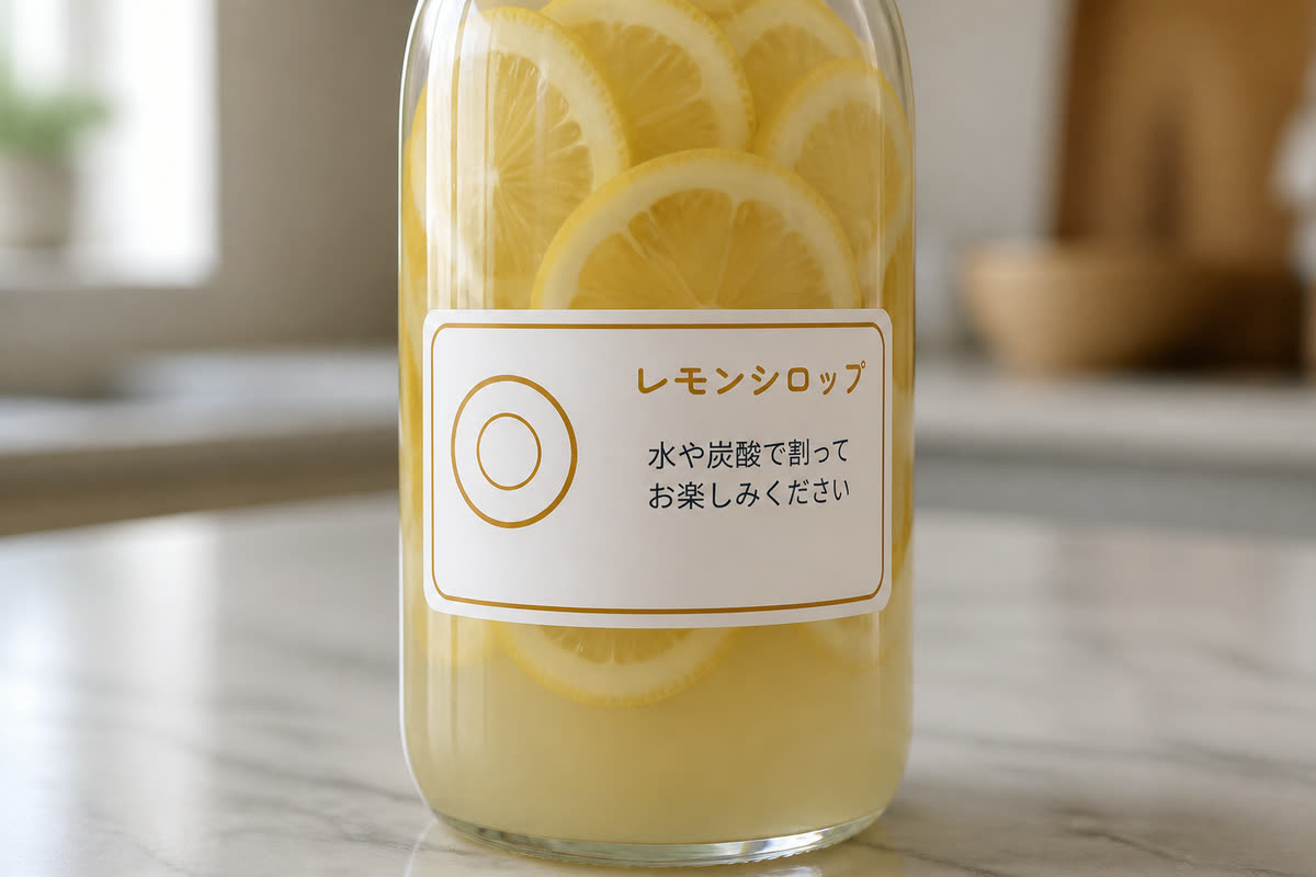 レモンシロップの瓶に貼ったラベルの作例