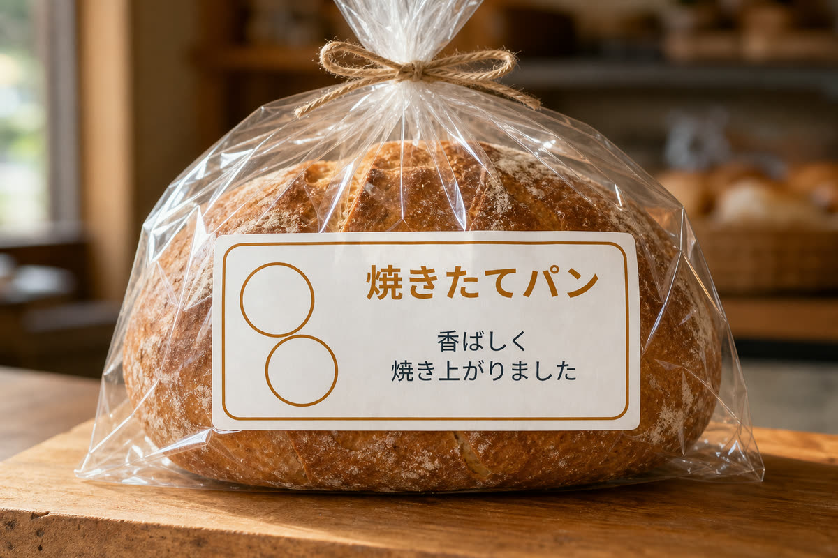 パンの袋に貼ったラベルの作例