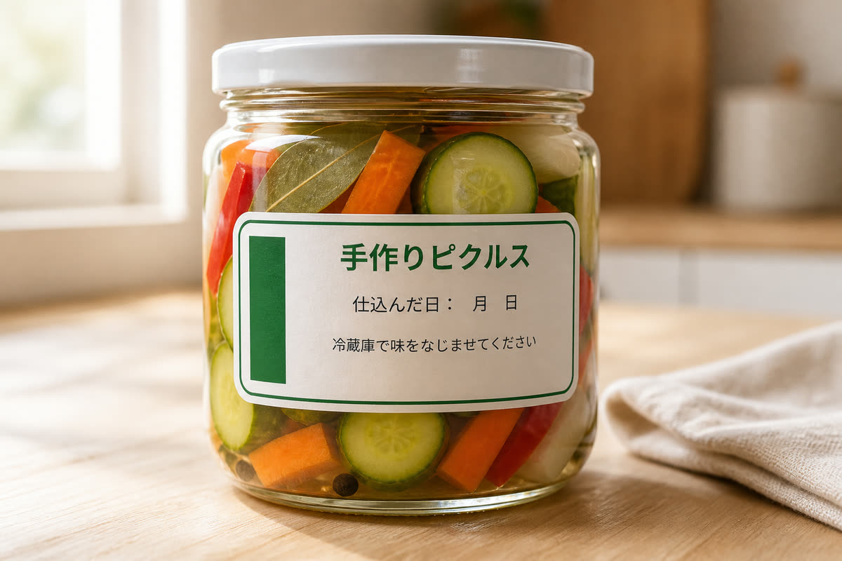 ピクルスの瓶に貼ったラベルの作例
