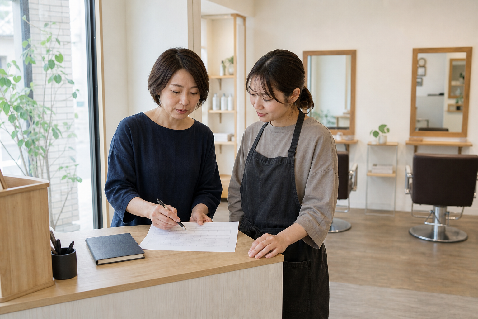 美容室で勤務予定を考える担当者
